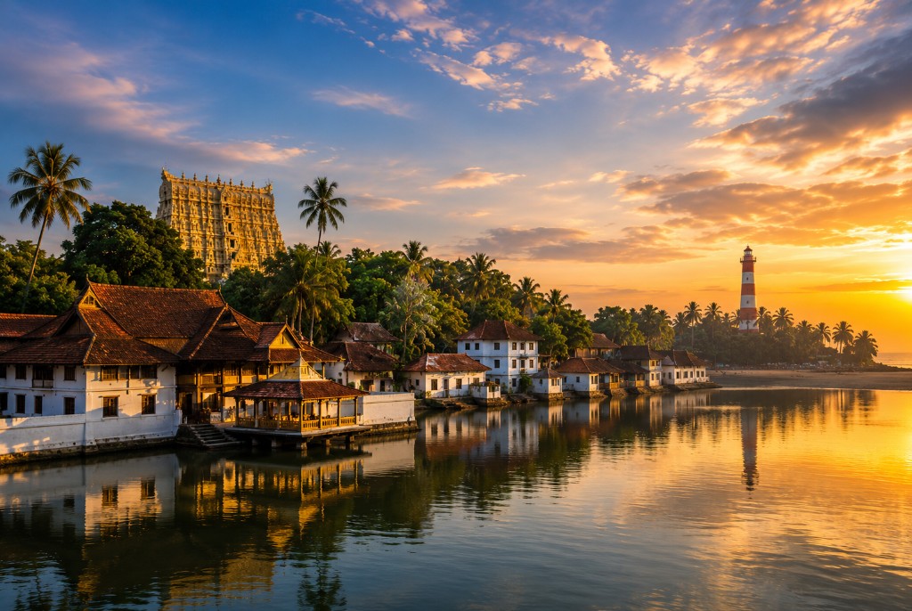 Kerala waterfront and heritage at sunset